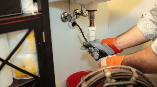 Drain cleaning technician using a motorized plumbing snake to clear a clogged sink pipe in Oakland, CA